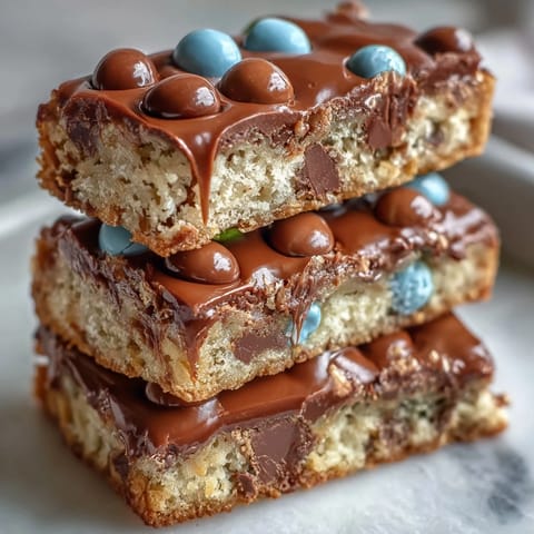 Soft, chewy cookie bars bursting with Cadbury mini eggs and pastel M&Ms, perfect for spring celebrations and Easter dessert trays.