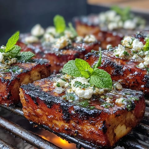 Grilled Watermelon Salad with Feta and Mint: Juicy watermelon wedges charred to perfection, topped with creamy feta and fresh mint leaves.