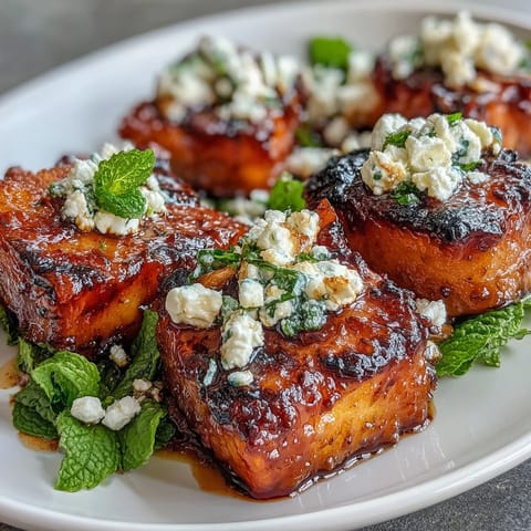 A vibrant summer salad featuring smoky grilled watermelon, tangy feta cheese, and aromatic mint, drizzled with balsamic glaze.