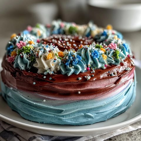 A stunning celestial cake with swirling galaxy buttercream and edible gold stars, ideal for festive graduation parties.