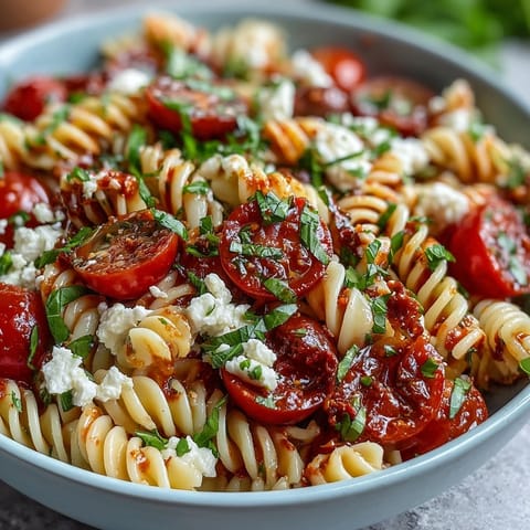 Easy Picnic Pasta Salad with Italian Dressing in a white bowl, vibrant with cherry tomatoes, cucumber, bell peppers, and mozzarella pearls.