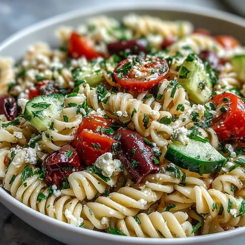 Fresh summer pasta salad with Greek olives and feta, vibrant and colorful on a white plate.