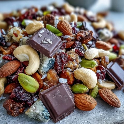 Homemade trail mix with dark chocolate, a colorful blend of nuts, dried fruits, and rich chocolate chunks, perfect for on-the-go snacking.