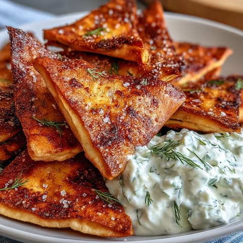 Crispy golden pita chips with creamy tzatziki dip, perfect for a refreshing summer snack.  