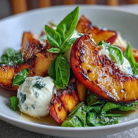 A vibrant summer salad with sweet grilled peaches, creamy burrata, and a drizzle of honey, perfect for outdoor dining.