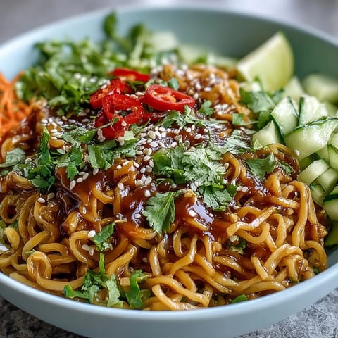 Cold sesame noodle bowl with cucumber, julienned vegetables, and fresh herbs in a creamy sesame sauce.