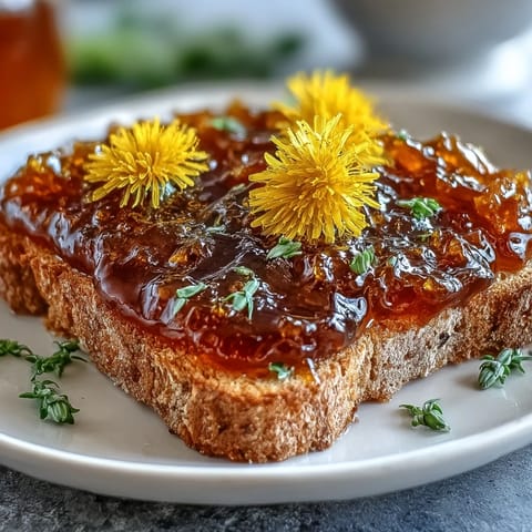 Golden dandelion jelly spread on warm toast with a bright, floral aroma and delicate honey notes.