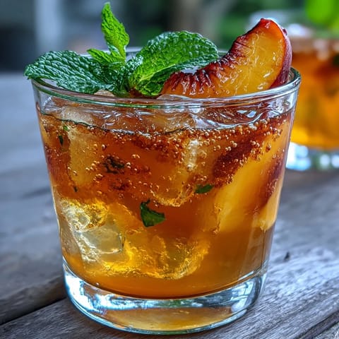 A refreshing glass of mango peach sparkling tea with vibrant fruit slices and fresh mint garnish.