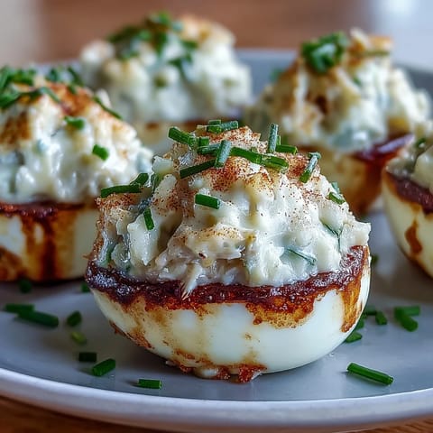 Crab cake deviled eggs with Old Bay, a zesty, seafood appetizer bite.