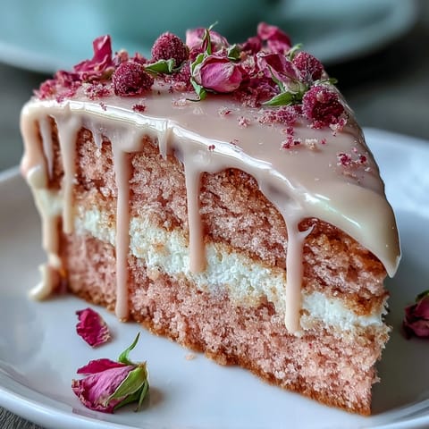 Glistening gold drip cascades over this pale pink Rosé Velvet Cake.