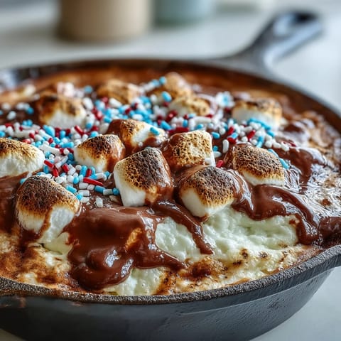 Gooey 4th of July S'mores Dip bubbling in a cast iron skillet.