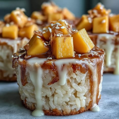 Sweet coconut sticky rice cups piled high with vibrant, ripe diced mangoes.