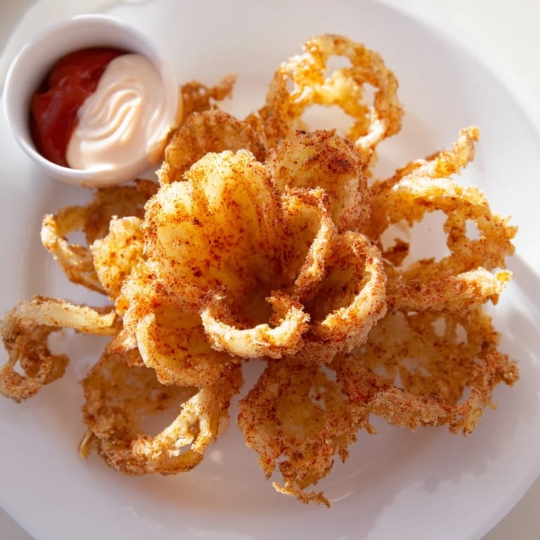 Crispy double-battered Onion Petals, stacked on a platter with zesty spicy dipping sauce nearby.