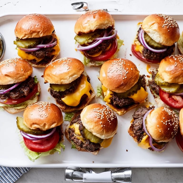 Close-up of a juicy, cheesy mini hamburger slider with lettuce and tomato on a toasted bun.