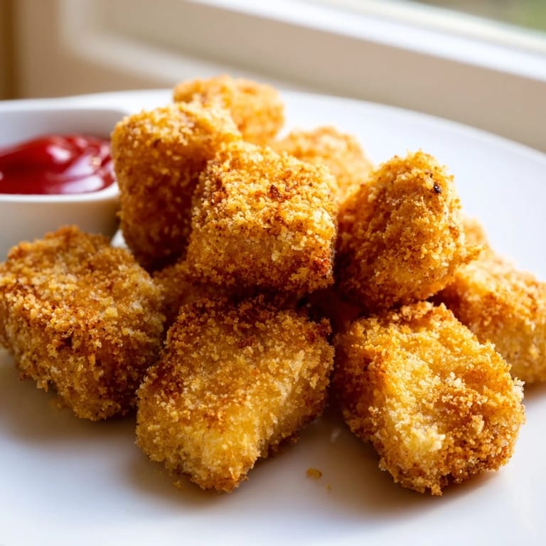 Fried Chicken Nuggets served hot with dipping sauces on a wooden board.