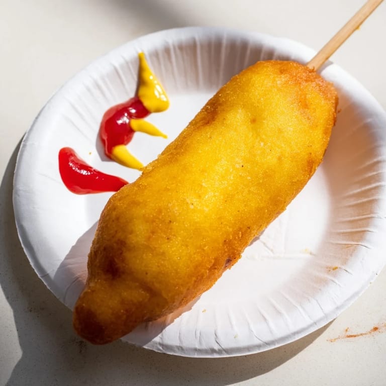 Freshly fried Corn Dogs cooling on a paper towel, ready to be dipped in classic condiments.