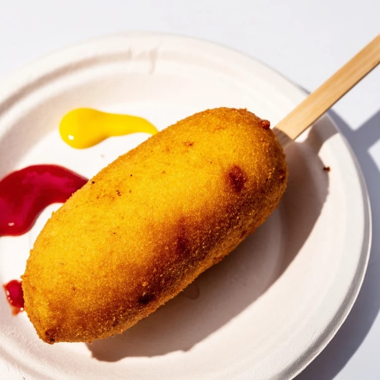 Crisp, deep-fried Corn Dogs with juicy hot dogs inside, perfect for an American fairground snack.