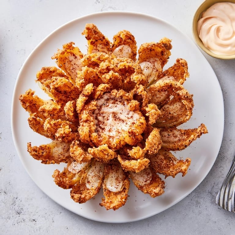 Deep-fried Blooming Onion served hot with seasoned petals and a tangy creamy dip.