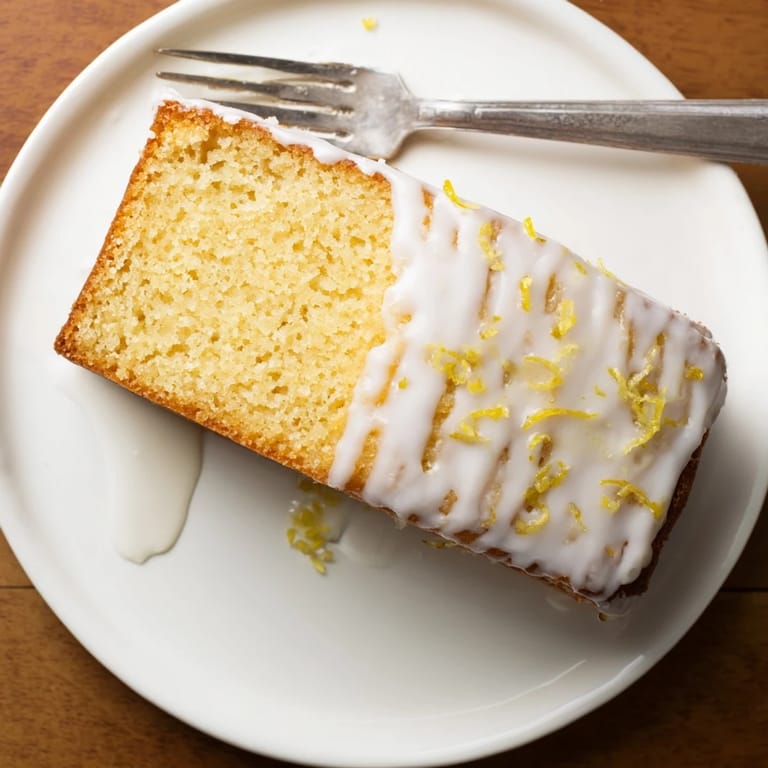 Slices of Lemon Pound Cake, one topped with fresh raspberries and a dollop of whipped cream, served on a white plate.