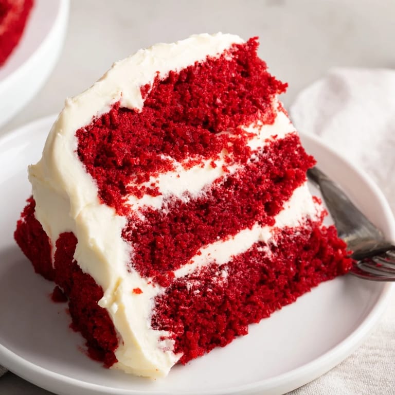 This moist red velvet cake is layered with rich cream cheese frosting, perfect for a special celebration dessert.