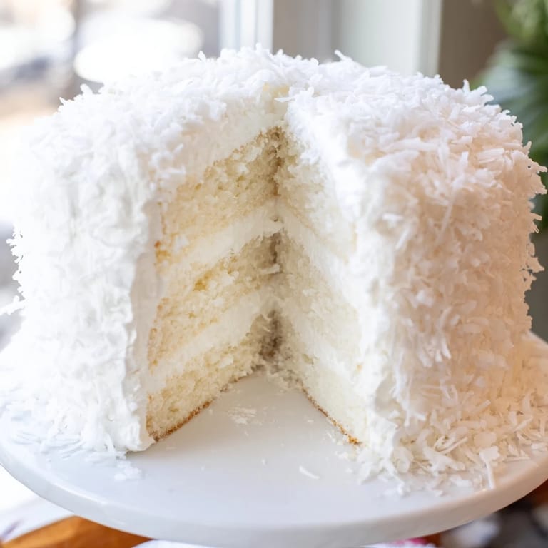 Moist layers of coconut cake are filled with creamy coconut filling and frosted with billowy meringue on a cake stand.
