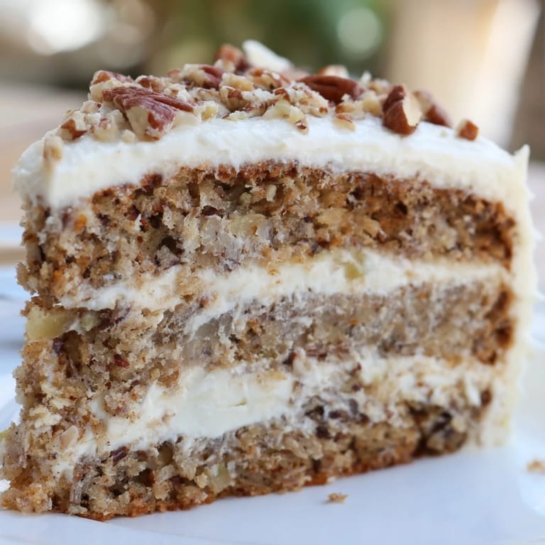 A three-layer Hummingbird Cake with cream cheese frosting, garnished with chopped pecans, plated on a rustic wooden table.