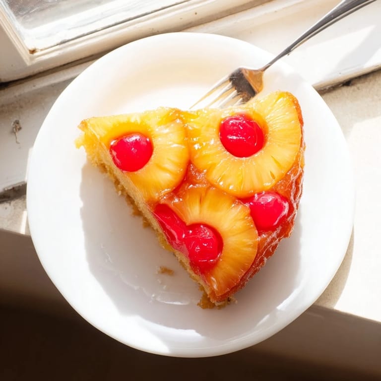 Sliced wedge of Pineapple Upside-Down Cake served on a dessert plate, ready to eat with a fork nearby.