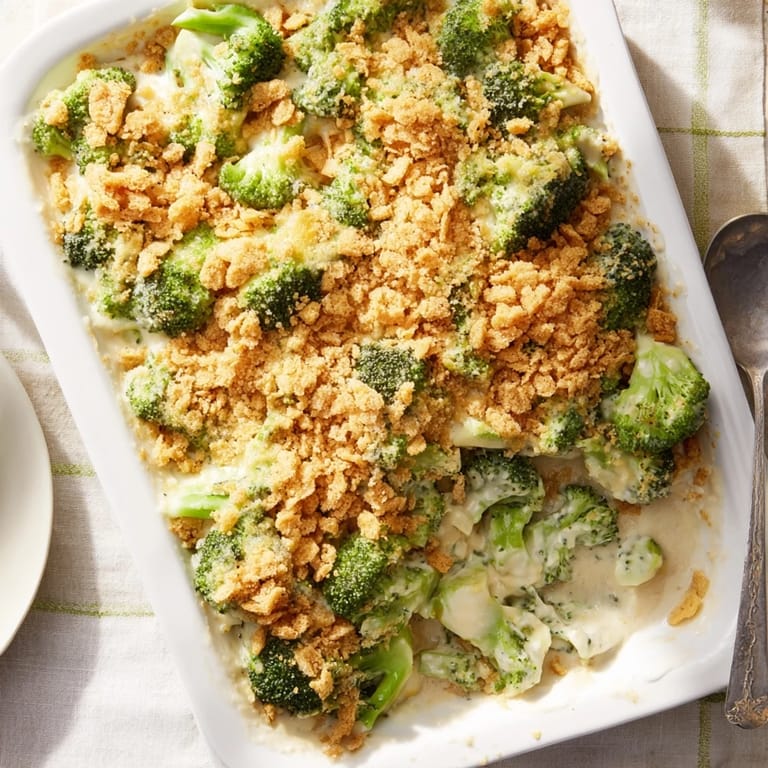 Golden-brown broccoli casserole is bubbling from the oven, a perfect vegetarian side dish for Thanksgiving dinner or a family meal.