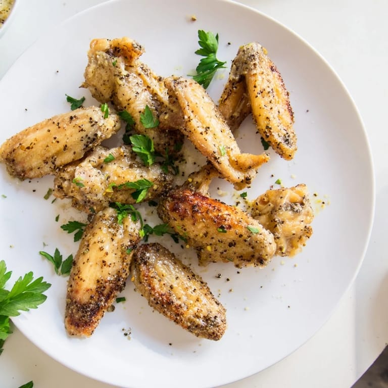 Homemade Lemon Pepper Wings on a platter with fresh parsley garnish, paired with blue cheese dressing and crisp celery sticks.