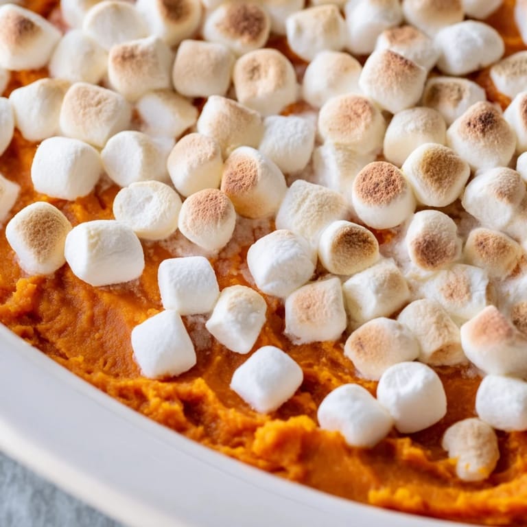 A wooden spoon rests in the baked sweet potato casserole, revealing fluffy interior beneath the crunchy topping.