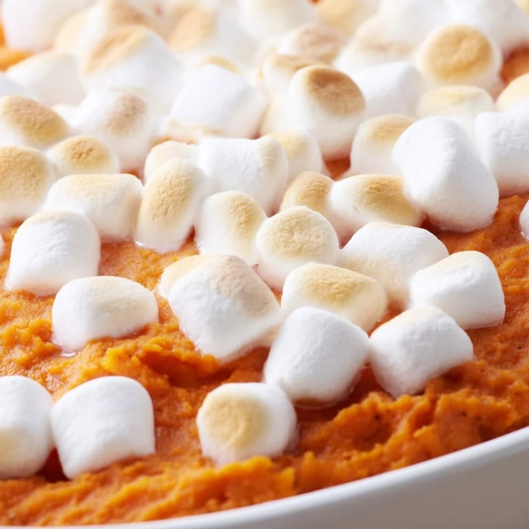 Freshly baked sweet potato casserole with marshmallows and a pecan crumble topping for a delicious holiday side dish.