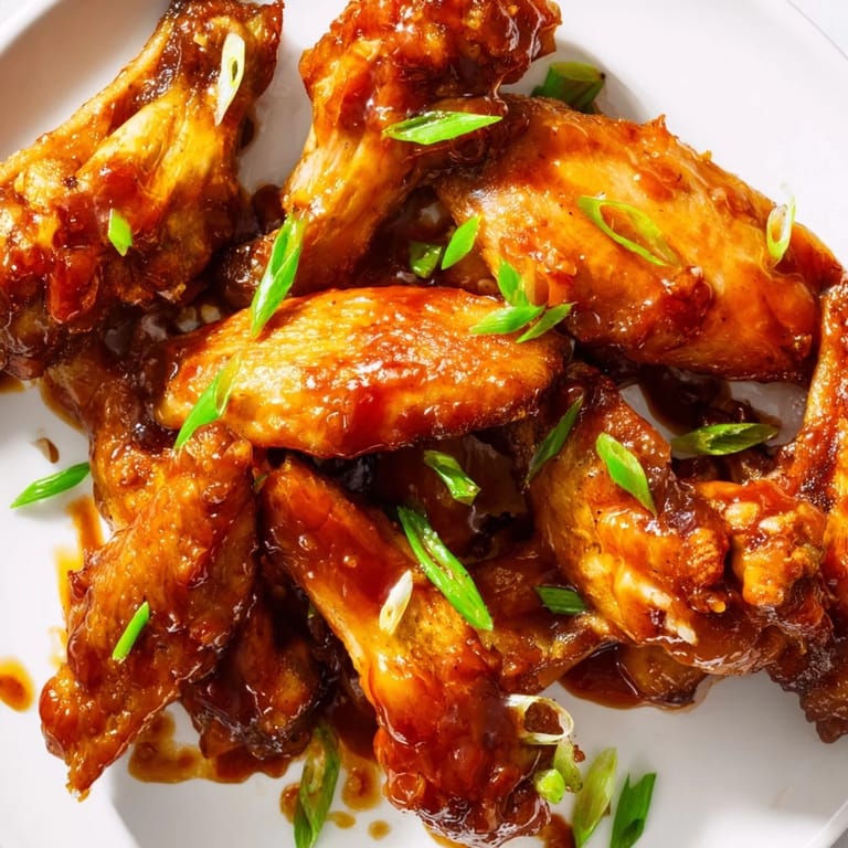 Freshly tossed Honey BBQ Chicken Wings dripping with glossy, smoky barbecue sauce and a drizzle of honey.