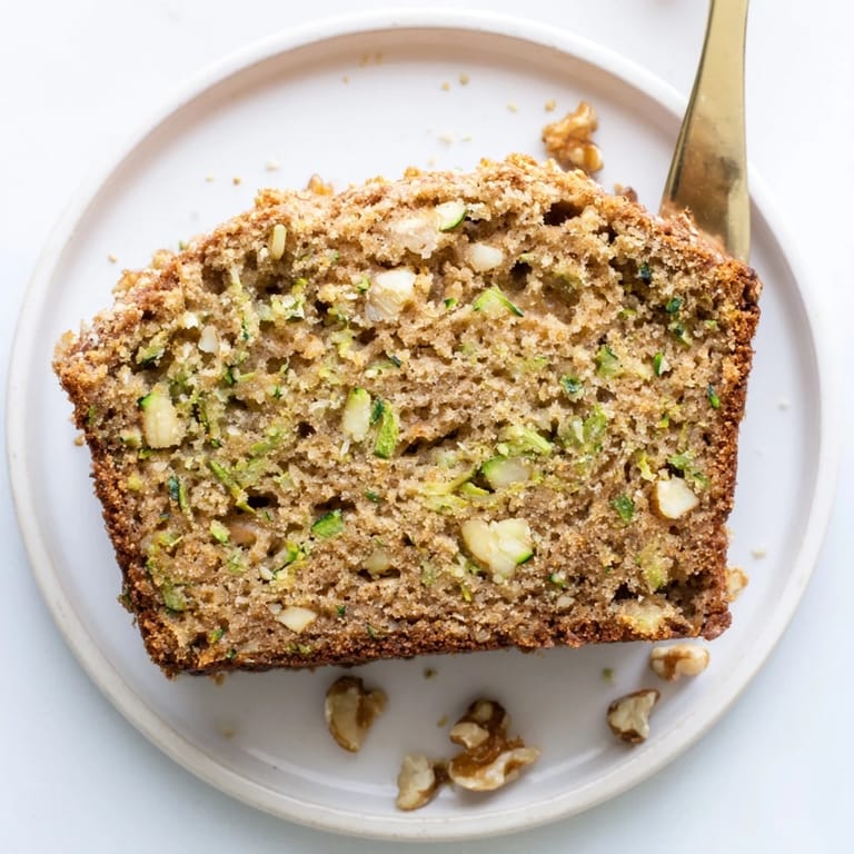 Warm Zucchini Bread loaf studded with walnuts, steam rising on a rustic wooden cutting board, ready for breakfast.