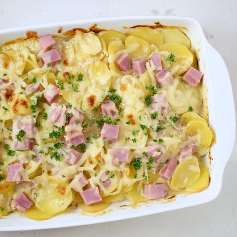 A hearty serving of Scalloped Potatoes with Ham on a white plate, featuring creamy sauce and tender sliced potatoes.