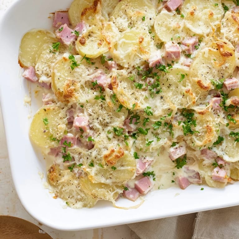 Savory Scalloped Potatoes with Ham garnished with fresh parsley, ready for a comforting family dinner.