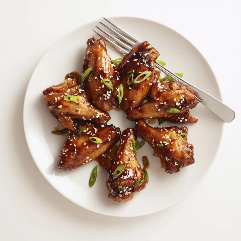 Close-up of Asian Sticky Wings topped with toasted sesame seeds and sliced green onions, served alongside pickled vegetables.