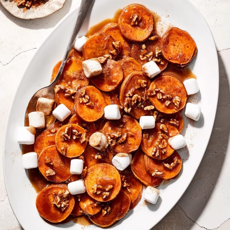 Tender Candied Yams in a rich brown sugar glaze, topped with mini marshmallows and a sprinkle of nutmeg.