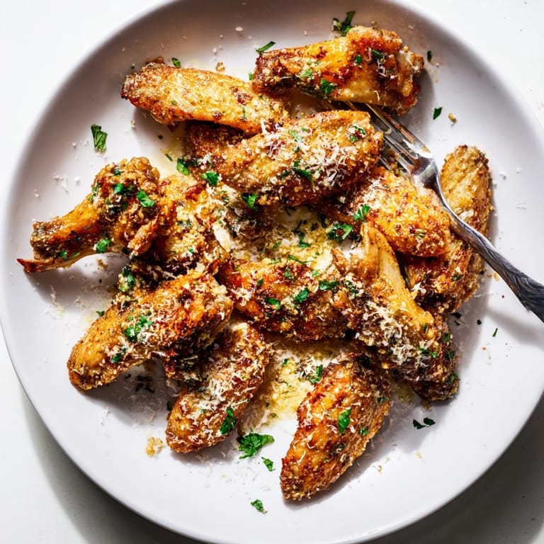 Savory Garlic Parmesan Wings with a buttery glaze, extra Parmesan, and chopped parsley on a rustic wooden serving board.