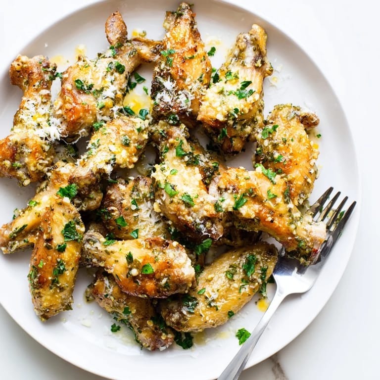 Perfectly baked Garlic Parmesan Wings served on a platter with celery sticks, blue cheese dip, and a cold beer.