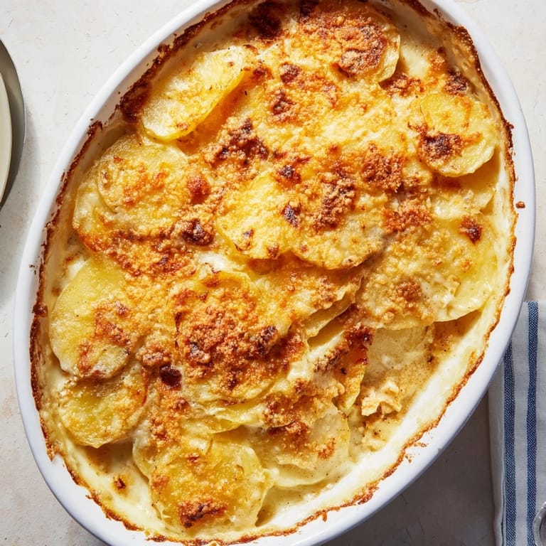 Rich, creamy au gratin potatoes with bubbly golden cheese and crispy edges in a baking dish.