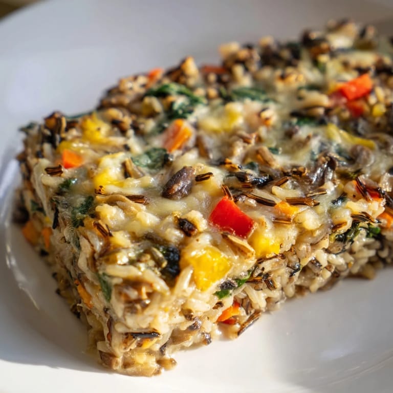 Steam rising from a freshly baked Wild Rice Casserole featuring wild rice, mushrooms, and colorful vegetables.