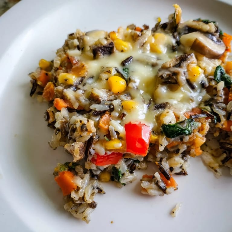 A hearty Wild Rice Casserole topped with cheese and herbs alongside roasted chicken on a dinner plate.