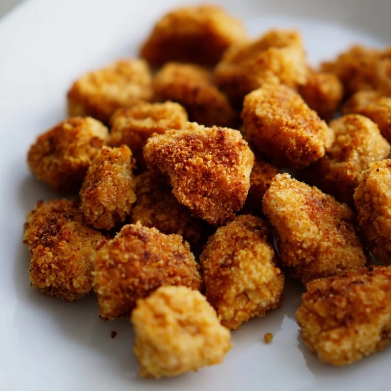 Bite-sized Popcorn Chicken with a spicy cayenne coating, drizzled with honey for a sweet and savory snack.