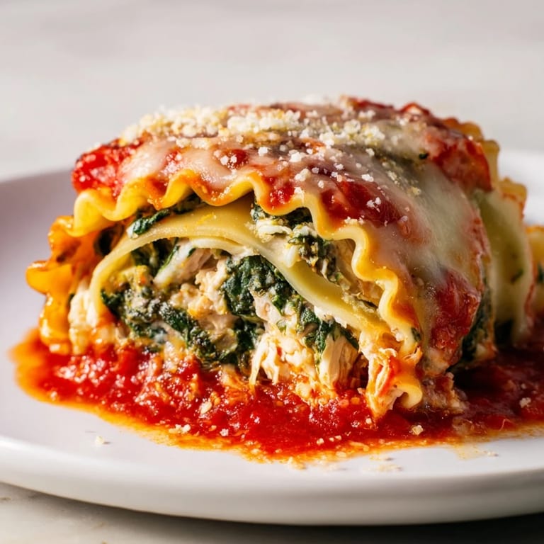 Two plated Chicken and Spinach Lasagna Rolls, featuring rolled pasta stuffed with creamy ricotta, chicken, and spinach, drizzled with rich marinara.  