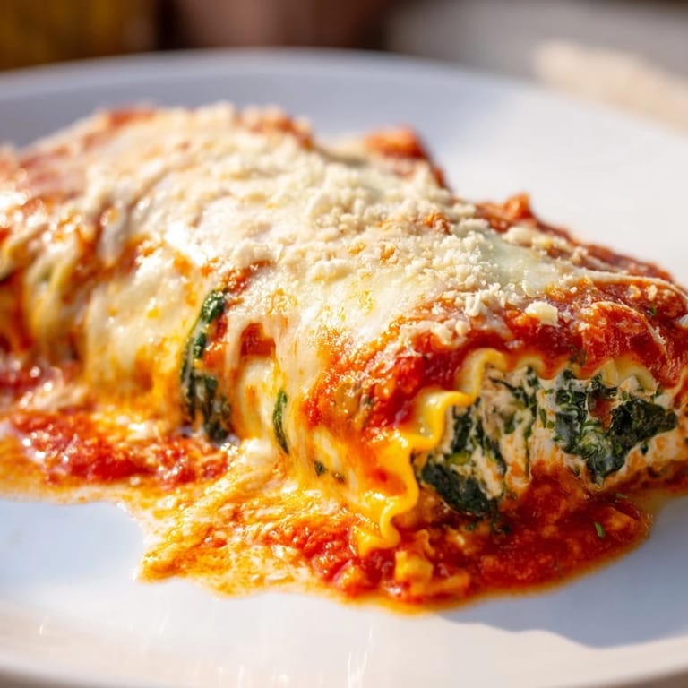 Overhead view of Chicken and Spinach Lasagna Rolls with golden, bubbly mozzarella topping, alongside a simple green salad and garlic bread.