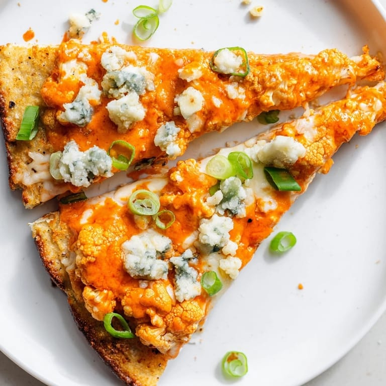 A freshly baked Buffalo Cauliflower Pizza on a wooden board, drizzled with spicy buffalo sauce and topped with celery and blue cheese.