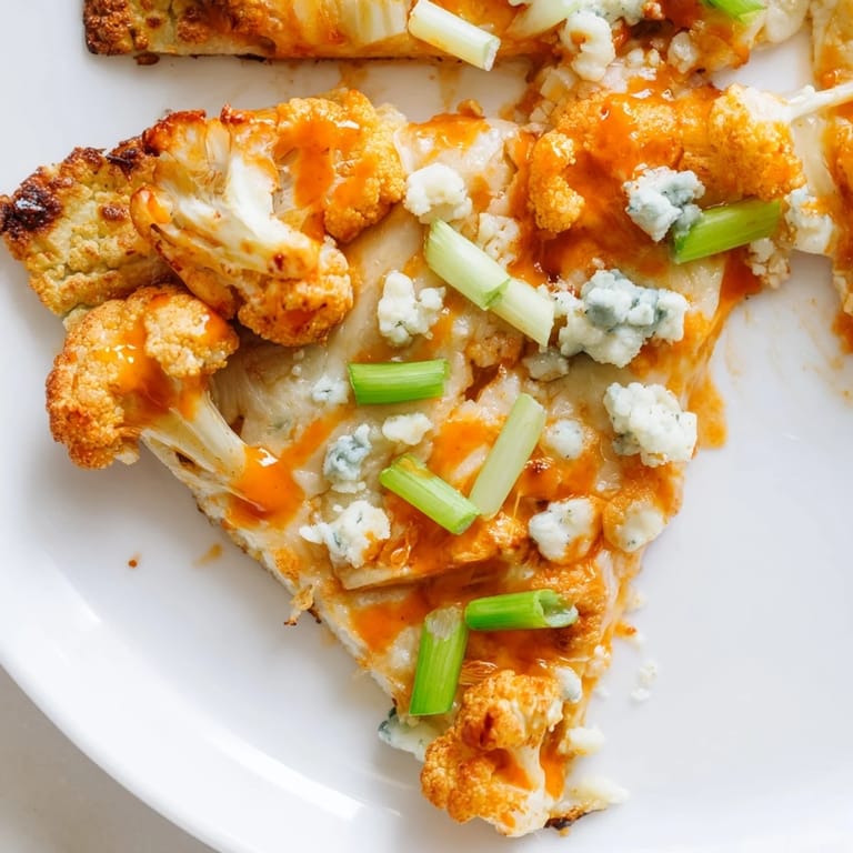 A vibrant shot of a whole Buffalo Cauliflower Pizza, a vegetarian and gluten-free main dish with a golden, cheesy surface.