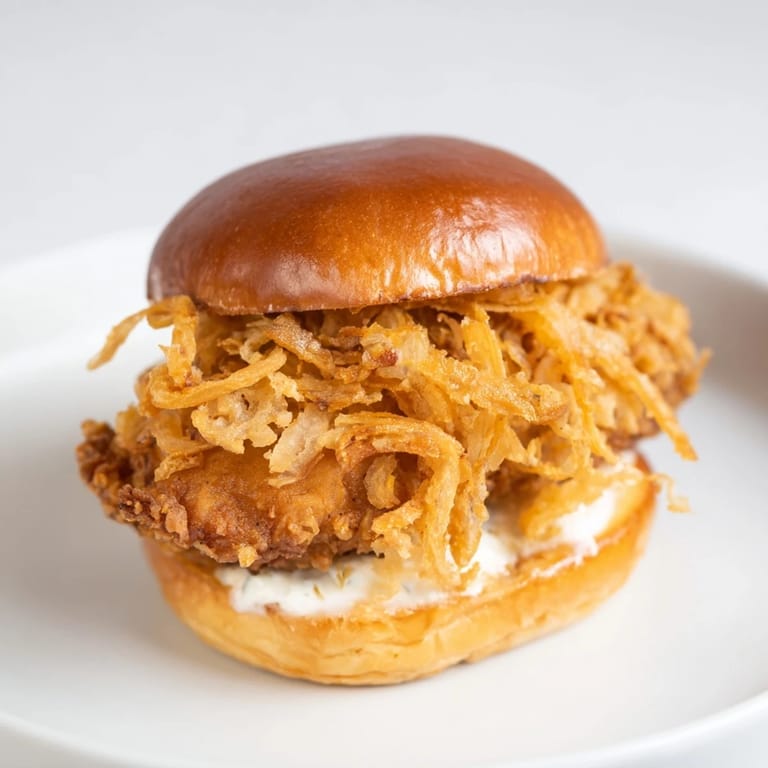 Savory Crispy Onion Chicken Sandwich served with a side of pickles, featuring juicy fried chicken and crispy fried onions on a soft bun.