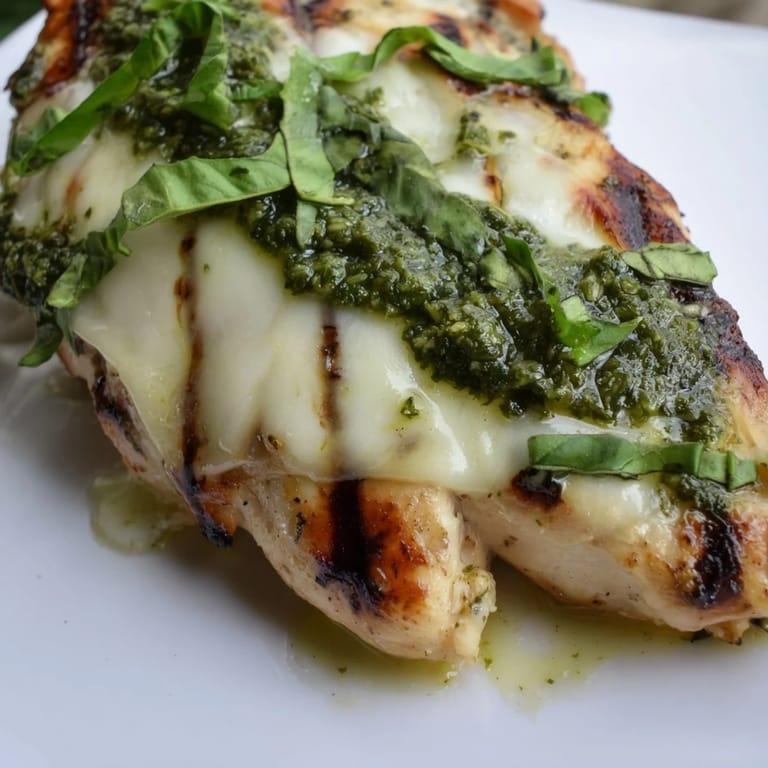 A hearty Pesto Chicken Melt on ciabatta with grilled chicken, mozzarella, and fresh basil, served alongside ripe tomato slices.