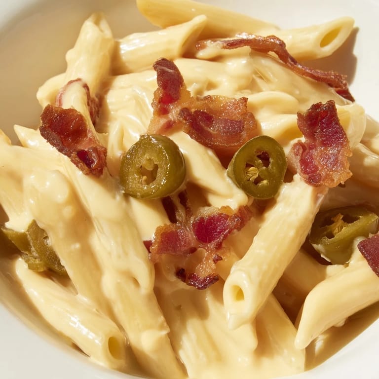 Close-up of Jalapeño Popper Pasta showing roasted jalapeño slices and melted cheddar Monterey Jack sauce.